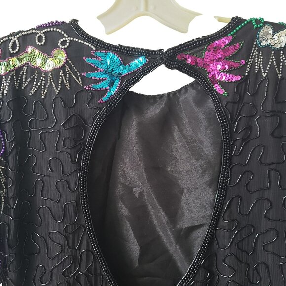 Vintage Sweelo Beaded Sequin Dress 80s Prom Cocktail Black Rainbow Glam Fancy - Picture 4 of 15